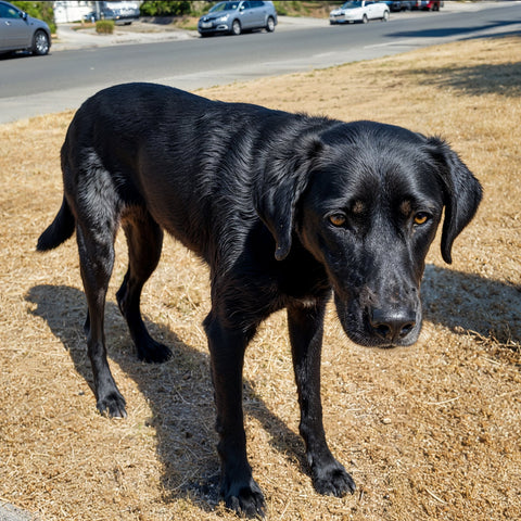 Skinny dog standing outside